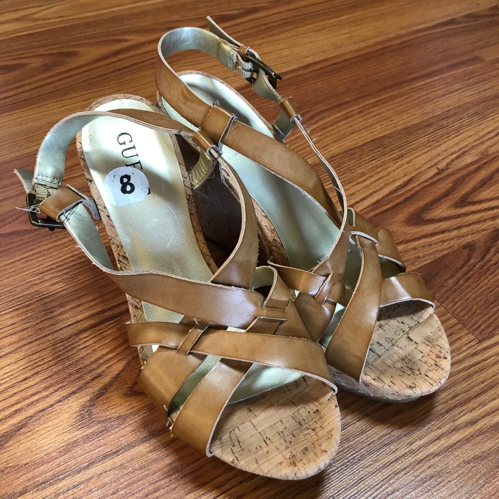 GUESS Light Brown/Tan Strappy Cork Wedge Sandals Size 8 - Picture 2 of 11